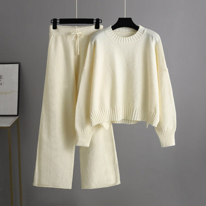 Trending Fashion Winter Autumn round neck oversize Pullover Cable sweaters wide leg pants knitted 2 piece set for women