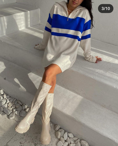 Turn down collar striped knitwear color blocking loose pullover casual women mini half zipper dress