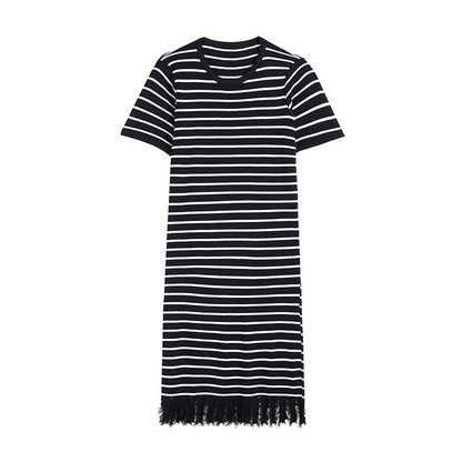 spring summer round neck pullover loose knitwear midi women casual striped knitted dress with tassel