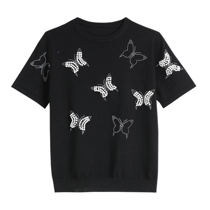 New Arrivals casual crew neck butterfly jumpers women Hot drill short sleeve pullover sweaters