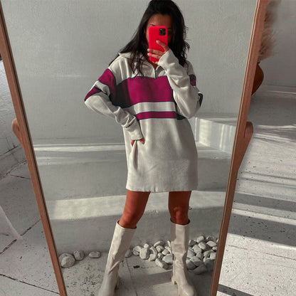 Turn down collar striped knitwear color blocking loose pullover casual women mini half zipper dress