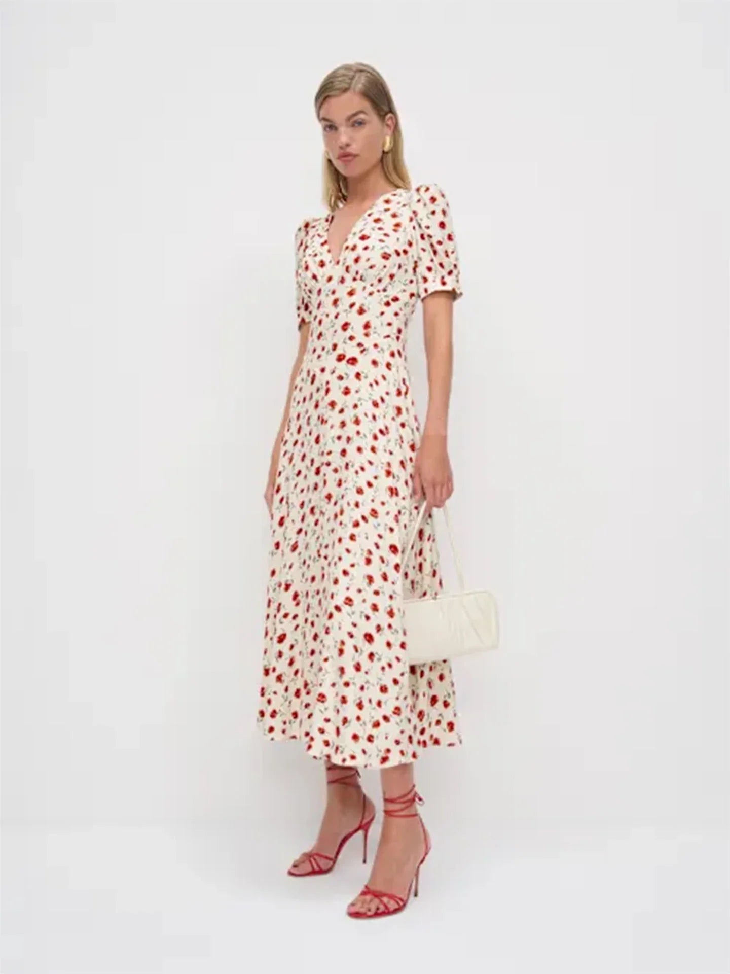 Women Ivory Red Floral Print Short Sleeve Deep V Neck Midi Dress Formal Daily Elegant Summer Breathable Natural Waistline Outfit