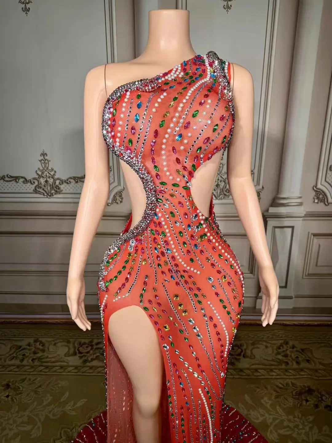 ZD Pearl Rhinestone Bodycon Floor-Length High-Slit Gown Asymmetric One-Shoulder Dress Daring Cutouts for Gala Nights Cocktail