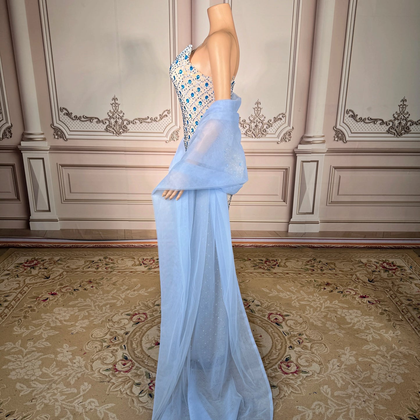 ZD Sparkly Dazzling Blue Crystal Beaded Strapless Club Floor-Length Natural Eco-Friendly Fitted Spaghetti Slip Elegant Prom