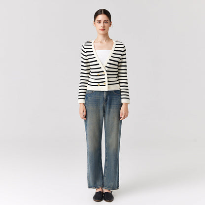 Knitwear Black white striped Merino wool elegant sweater coat Double Breasted gold cardigans women