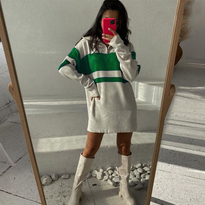Turn down collar striped knitwear color blocking loose pullover casual women mini half zipper dress