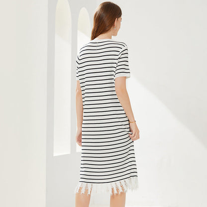 spring summer round neck pullover loose knitwear midi women casual striped knitted dress with tassel