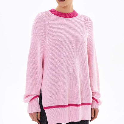clothing autumn winter o neck oversize jumpers pullover elegant side split stripe sweaters for women