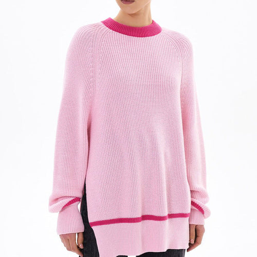 clothing autumn winter o neck oversize jumpers pullover elegant side split stripe sweaters for women
