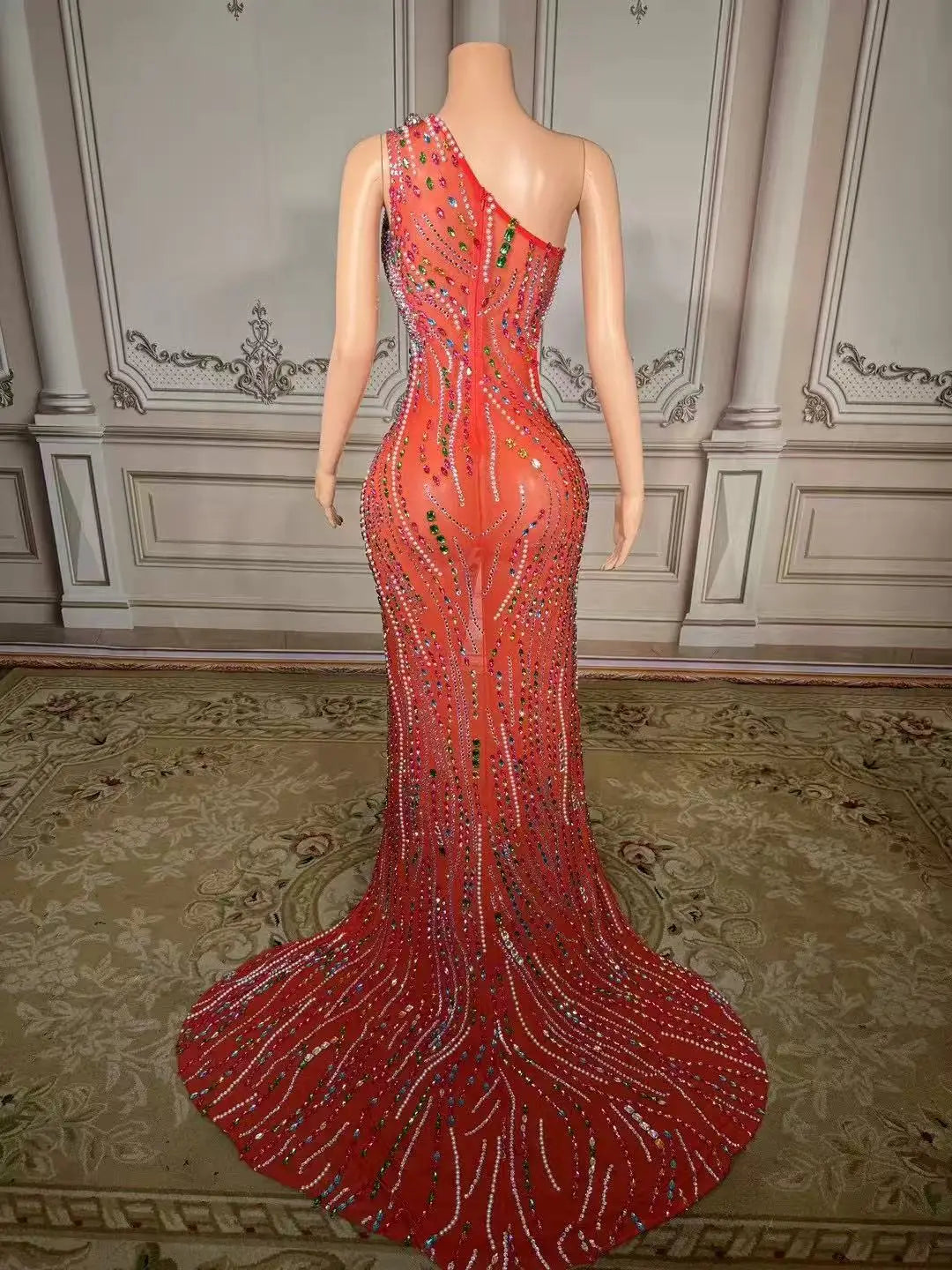 ZD Pearl Rhinestone Bodycon Floor-Length High-Slit Gown Asymmetric One-Shoulder Dress Daring Cutouts for Gala Nights Cocktail