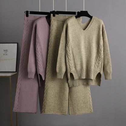 Trending Fashion V neck oversize cable sweaters wide leg pants elegant knitted loungewear women two piece pants set