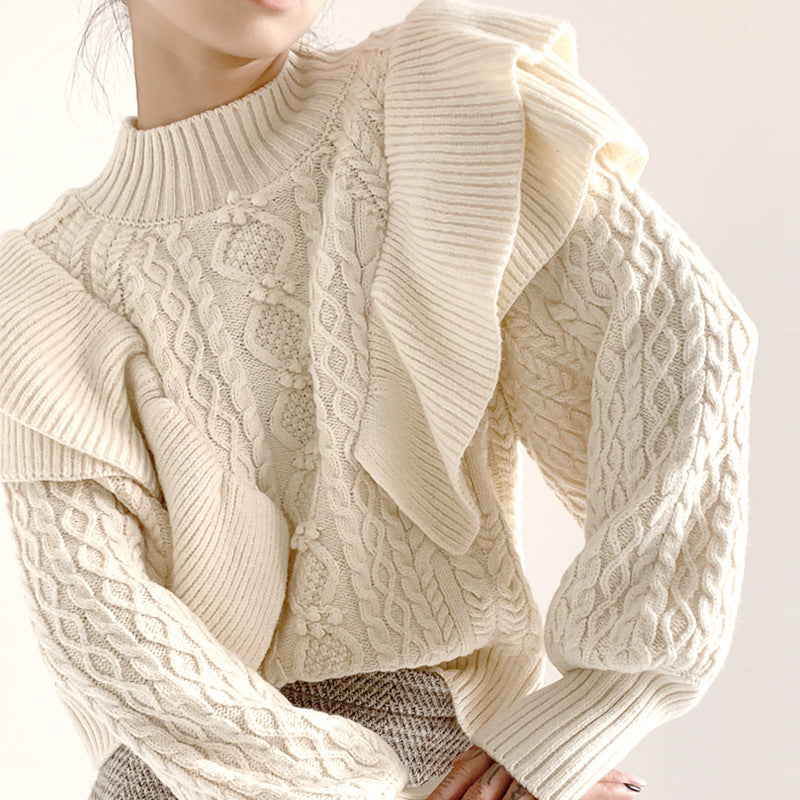 pure color puff sleeve women knitwear elegant pullover double layer cable knit top knitted sweater