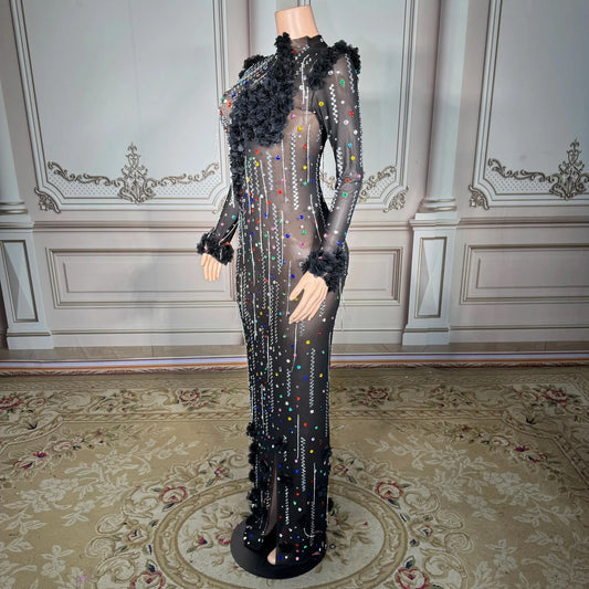 ZD Luxury Women’s Ball Gown Floor-Length Sexy Party Skirt Floral Pattern Rhinestone Decoration Natural Hand Embroidery