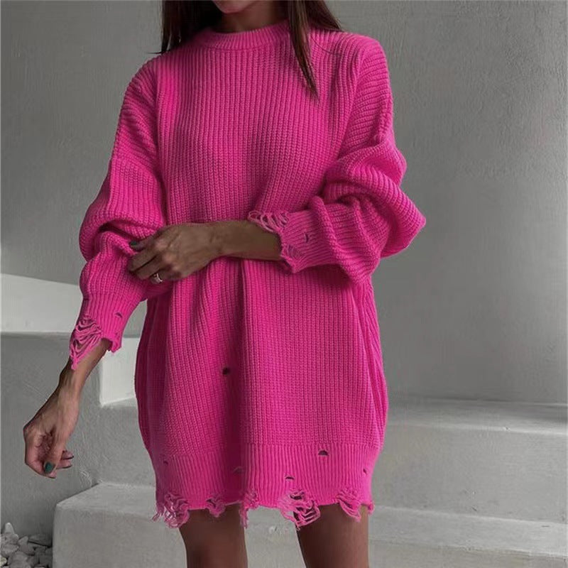 Trending Casual streetwear round neck Loose knitted solid color ripped sweater dress for omen