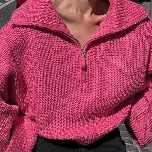 Trendy hot sales pure color lapel collar solid color thick half zipper women casual sweaters