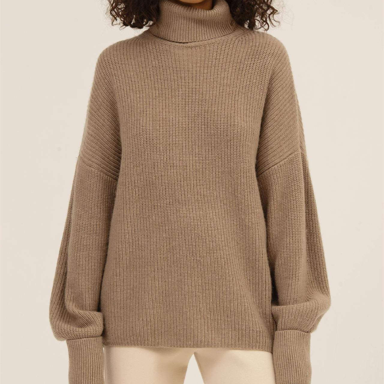 New design casual lantern sleeve knitwear turtleneck pure color women sweater pullover sweater