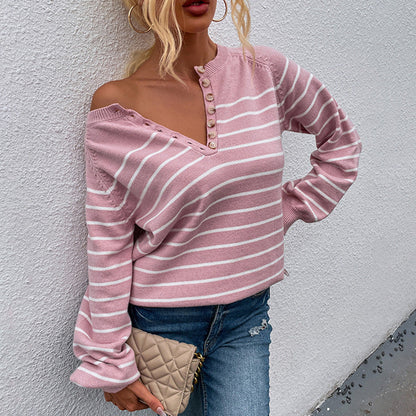 Hot sales autumn winter single-breasted button jumper mujer casual pullover striped leisure women sweaters
