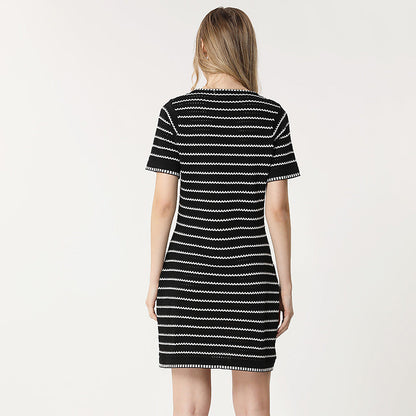 women round neck short sleeve pullover knitwear slim fit Striped elegant A-line knitted dress
