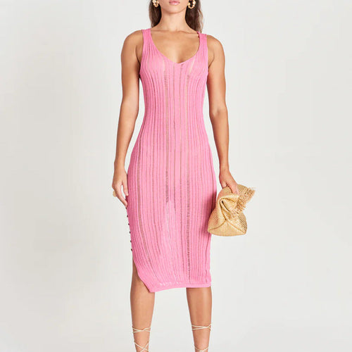 2026 Women clothing V neck knitted sexy hollow out one piece temperament slim waist side slit midi dress
