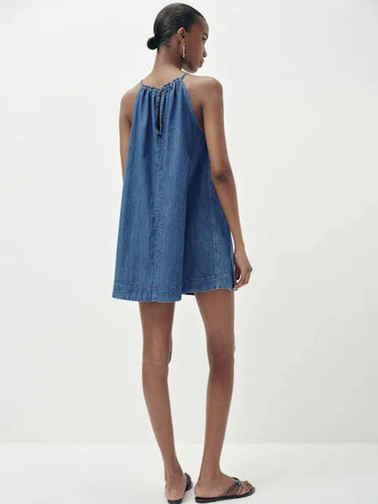 Women Blue Denim O-Neck Sleeveless Ruched Mini Dress Summer Woven Breathable Washable Casual Party Evening Elegant Outfit