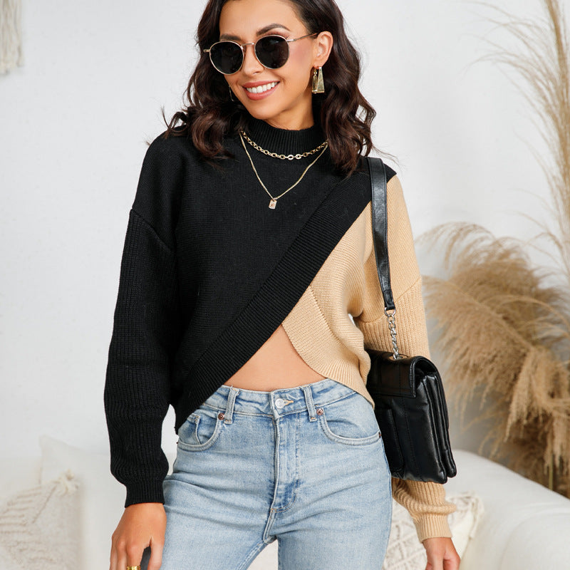 High quality crew neck long sleeve color blocking jumpers holiday style pullover casual women sweaters