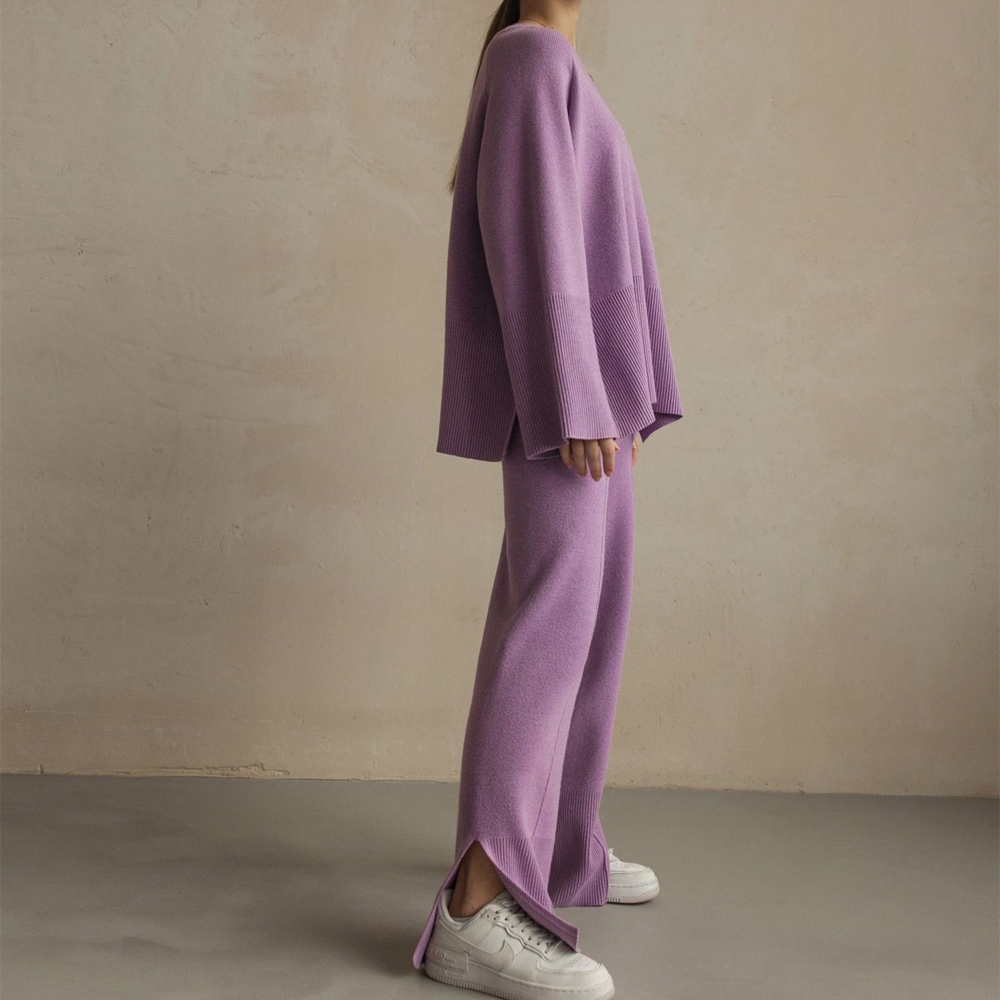 Clothing elegant pullover loungewear women fashion high quality solid color knitted wide leg pants 2 piece set