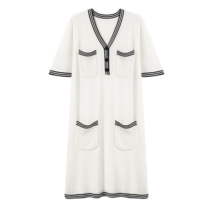 High quality elegant v neck knitwear temperament commuter pullover ladies striped midi knitted dress with pockets