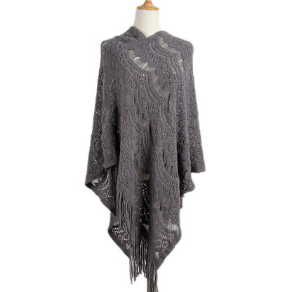 New Arrival Mid-length crocheted hollow out irregular tassel capes knitted pullover sweater women’s shawl