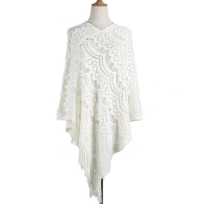 New Arrival Mid-length crocheted hollow out irregular tassel capes knitted pullover sweater women’s shawl