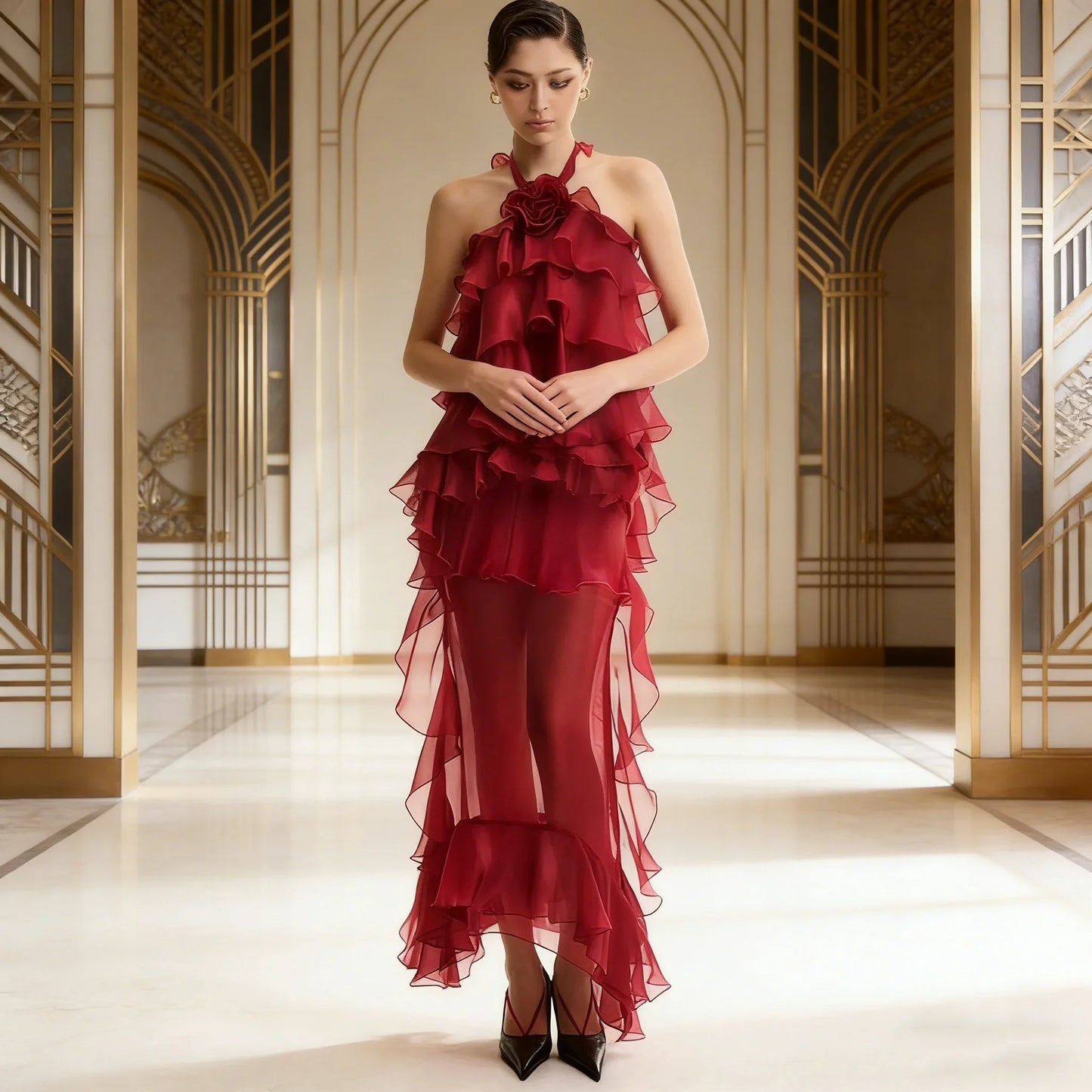High Quality New 2026 Spring Modern A-Line Women’s Chiffon Maxi Dress Allover Cascading Ruffle Flower Patterns Quick Dry RED