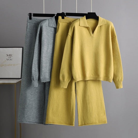 Autumn Winter Solid color Loose Polo Collar Sweater Wide Leg Pants Temperament Women’s 2 piece knitted Set