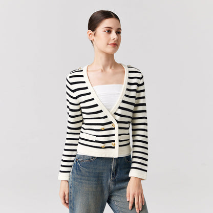 Knitwear Black white striped Merino wool elegant sweater coat Double Breasted gold cardigans women