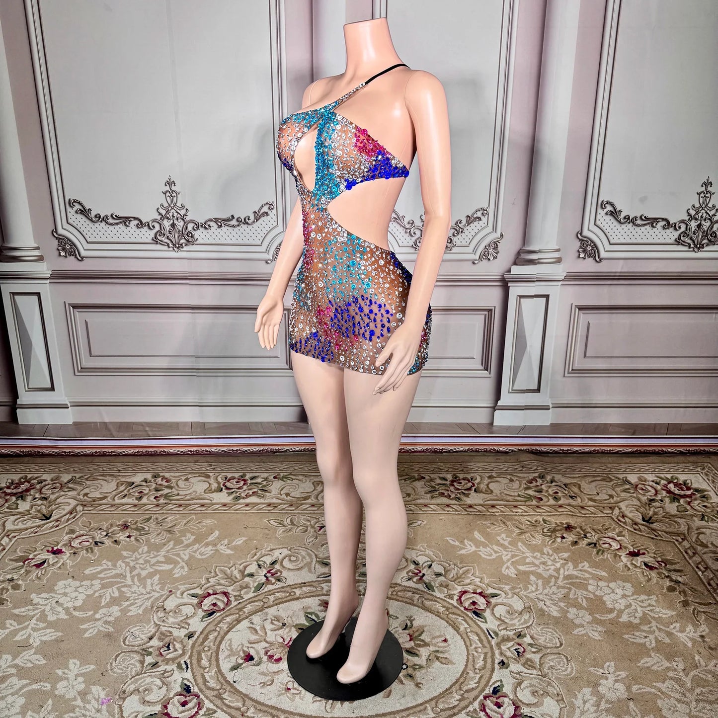 ZD Bodycon Natural Waistline Colored Rhinestone Geometric Pattern Night Club Sexy Backless Mini Evening Dress for Birthday Party