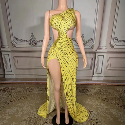 ZD Pearl Rhinestone Bodycon Floor-Length High-Slit Gown Asymmetric One-Shoulder Dress Daring Cutouts for Gala Nights Cocktail