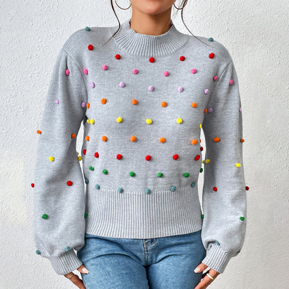 New arrivals Loose Elegant Colored beaded knitwear round neck pullover puff sleeve casual sweater women