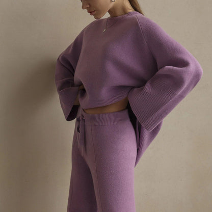 High Quality pure color twinset Oversize knitwear women casual side split knitted 2 piece matching outfits