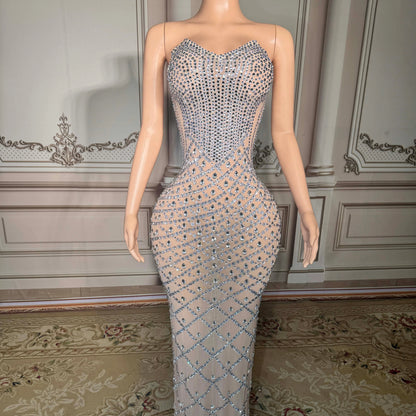 ZD Sparkly Colored Rhinestone Strapless Off-the-shoulder Natural Waist Club Party Dresses Ball Long Gown Floor Length Evening