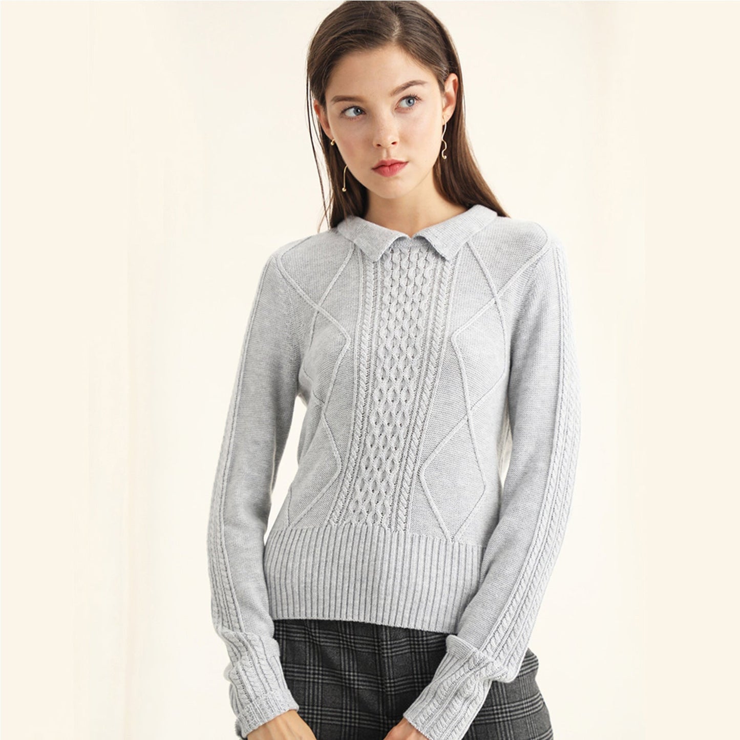 New design spring summer lapel collar cable knit sweaters women pullover long sleeve knitted sweater