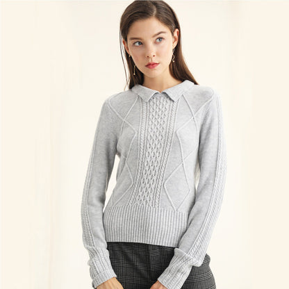 New design spring summer lapel collar cable knit sweaters women pullover long sleeve knitted sweater