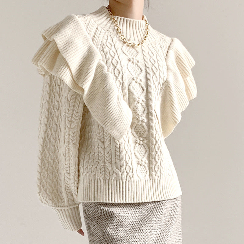 New Arrival half high neck wool knitted solid color knitwear lantern sleeve stylish ruffles mujer sweater