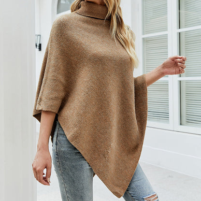 Trending Fashion winter shawl solid color turtleneck sweater Cape Roll Neck Knitwear warm cloak coat for women