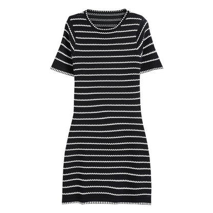 women round neck short sleeve pullover knitwear slim fit Striped elegant A-line knitted dress