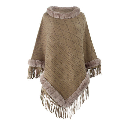 New Design Faux Fur Lined Collar Pullover Loose Sweater Poncho Oversize solid color warm tippet For Women
