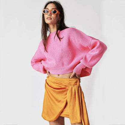 clothing round neck casual knitwear pullover striped oversize long sleeve short cropped sweaters women