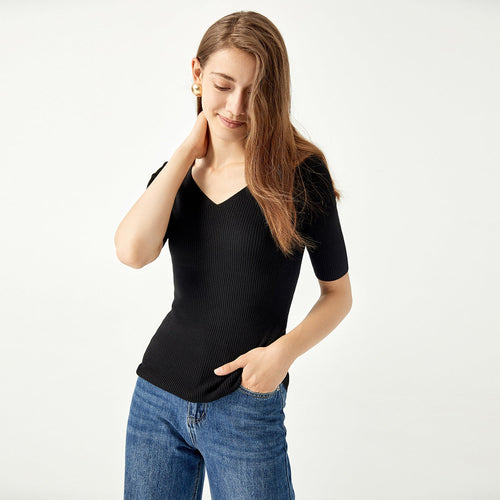 Hot selling single color deep v neck elegant knitwear slim fit sweater knitted sweater