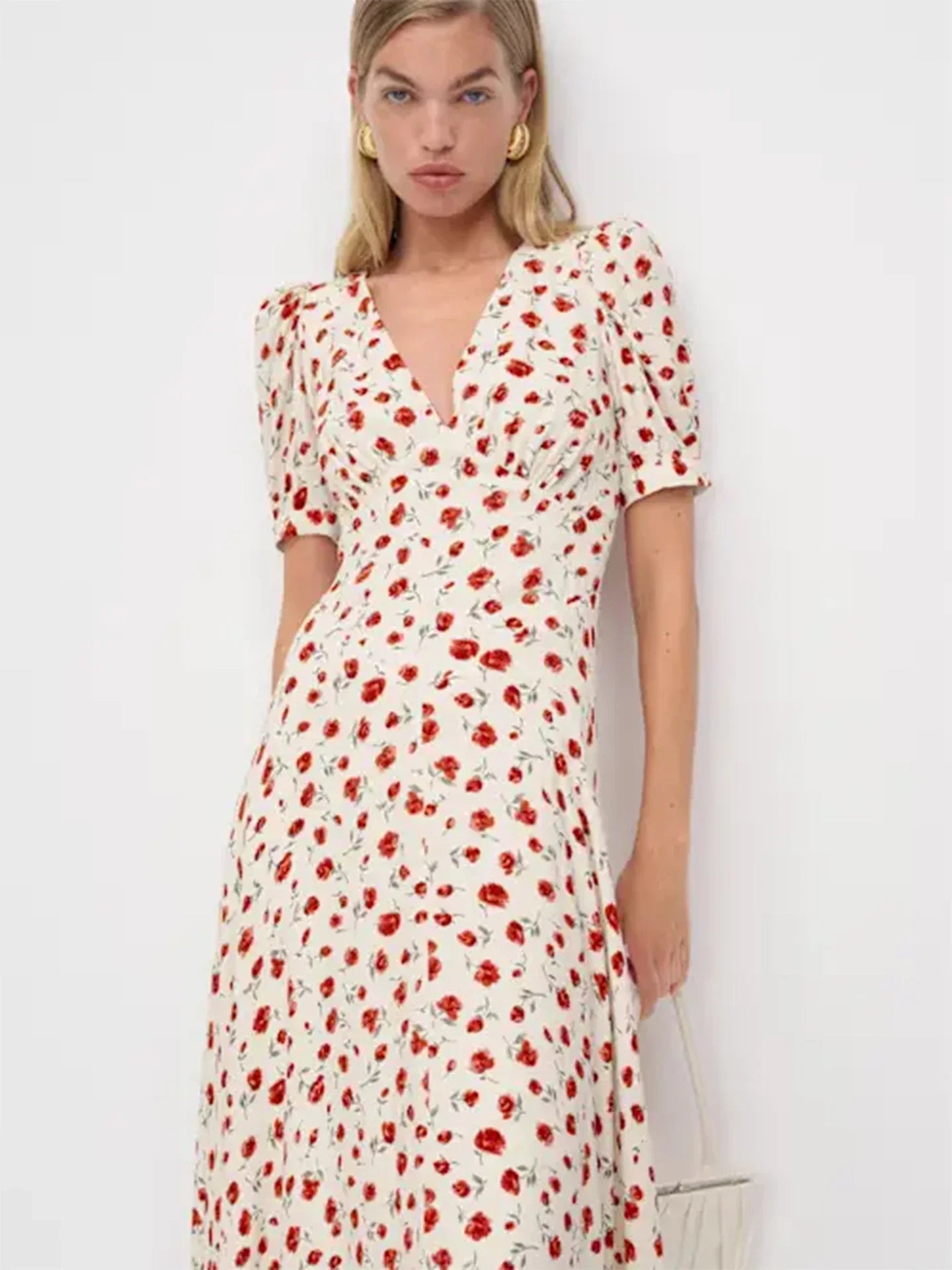 Women Ivory Red Floral Print Short Sleeve Deep V Neck Midi Dress Formal Daily Elegant Summer Breathable Natural Waistline Outfit