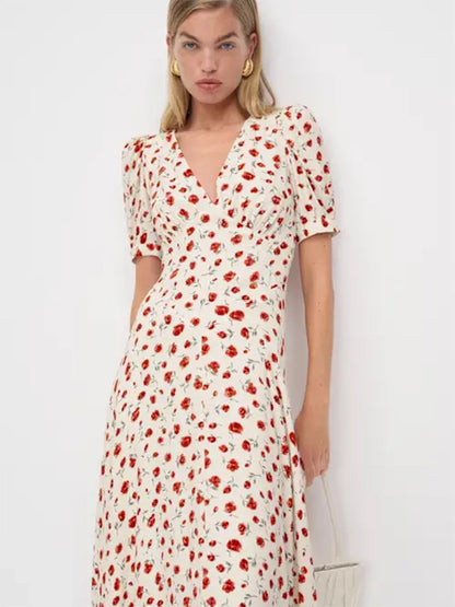 Women Ivory Red Floral Print Short Sleeve Deep V Neck Midi Dress Formal Daily Elegant Summer Breathable Natural Waistline Outfit