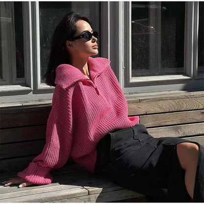 New arrivals winter fall solid color knitwear turn down collar half zipper knitted sweater tops for women