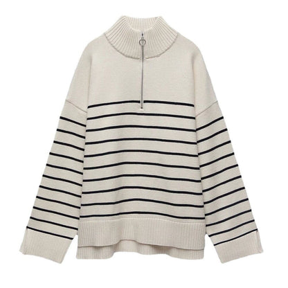 New arrivals autumn winter casual thicken knitwear Half zipper turtleneck loose striped knitted sweater for women