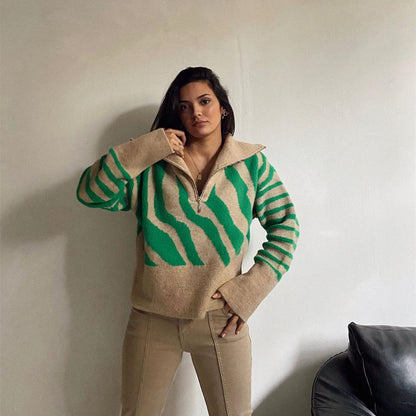Autumn Winter turtleneck women casual oversize streetwear stylish short jacquard half zipper sweaters coats